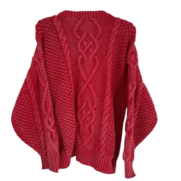 Cable Knit “ACA”  Sweater Adult M Chunky Cotton Cottagecore Cozy Fisherman Red - Picture 2 of 8